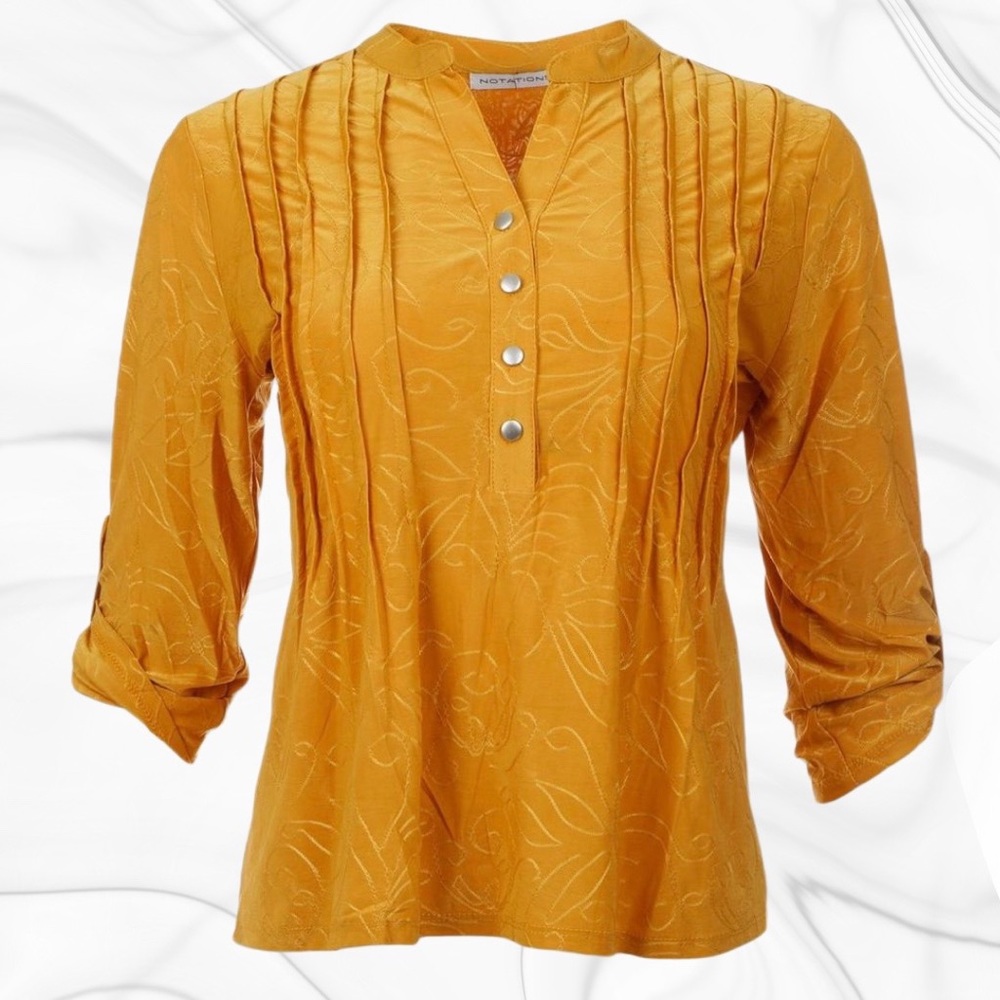 Notations Yellow Jacquard Bell Sleeve Blouse. New with Tag. $44.00 Retail.